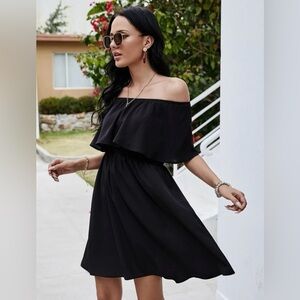 Off Shoulder Ruffle Trim Black Dress
